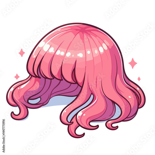 Pink curly wig with wavy styling. Perfect for cosplay accessories, theatrical costume design, and fantasy character portrayals.