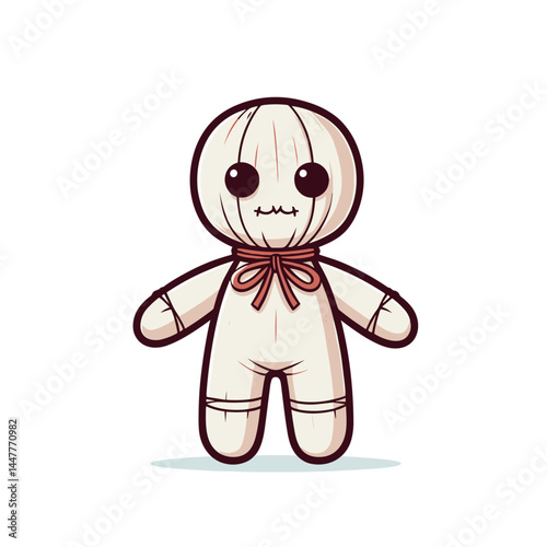 Creepy voodoo doll with stitches and red ribbon. Ideal for Halloween content, horror themes, and supernatural storytelling.