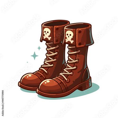 Brown leather combat boots with skull decoration. Ideal for alternative fashion, gothic style concepts, and punk subculture accessories.