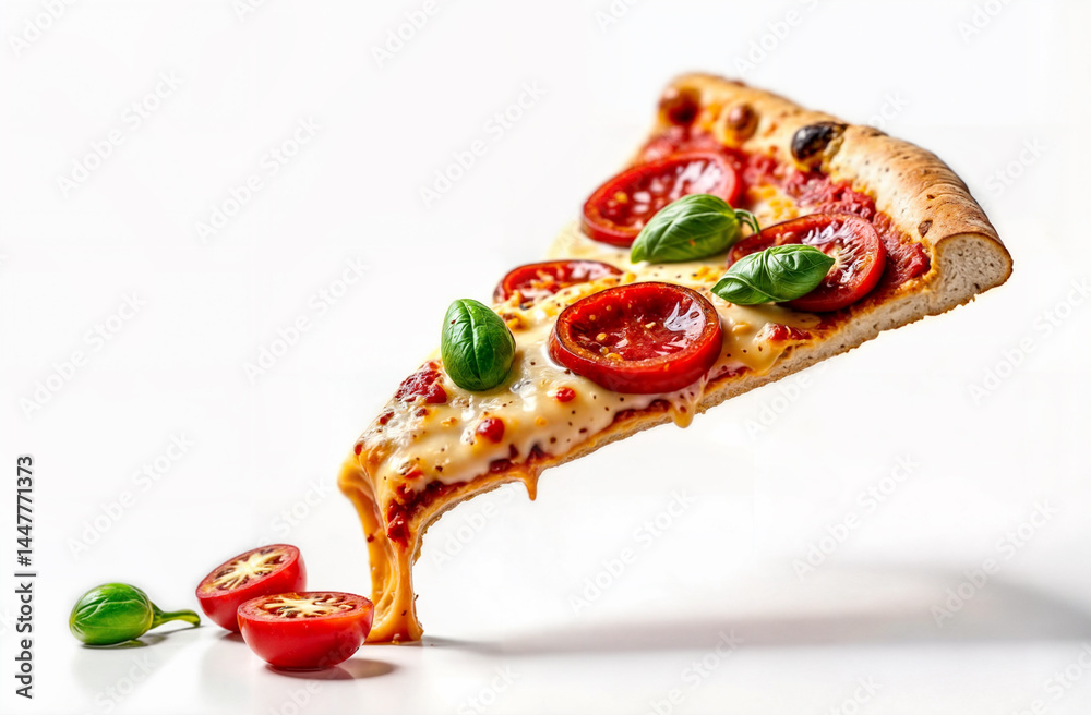 Melting Pizza Slice. Slice of pizza with tomato, melted cheese, and basil on white background. Appetizing cheese pull shot for food blogs and menus