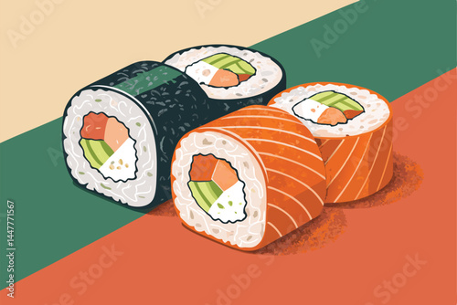 Create a bold, graphic vector illustration of perfectly halved sushi rolls, showcasing vibrant fillings and textures.  Emphasis on clean lines and strong color contrast.