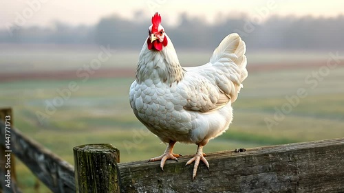 A white hen perched on a rustic wooden fence, bathed in soft morning light