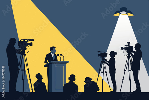 Create a bold, high-contrast vector illustration of a modern press room, emphasizing bright lighting and stark shadows.  Show a variety of press equipment.