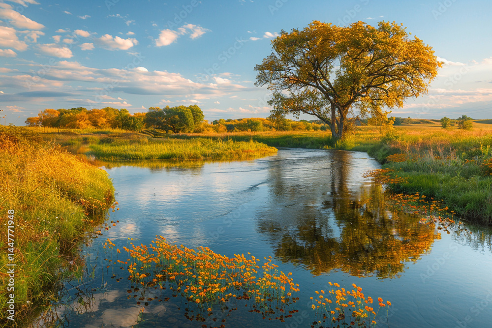 Fototapeta premium The peaceful and picturesque scene captures the beauty of a winding river flowing through a serene rural landscape, mirroring the vibrant hues of the sky and surrounding trees in its tranquil waters