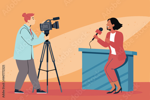 Create a vibrant cartoon vector illustration of a news anchor conducting a lively interview with a guest, showcasing diverse expressions and dynamic poses.