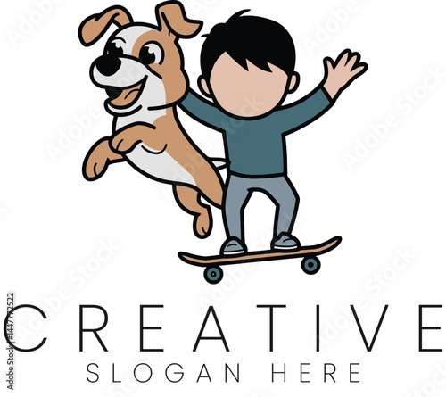 Happy Boy Rides Skateboard with Dog Fun Cartoon Illustration Design pet kid pet cute kids sport     