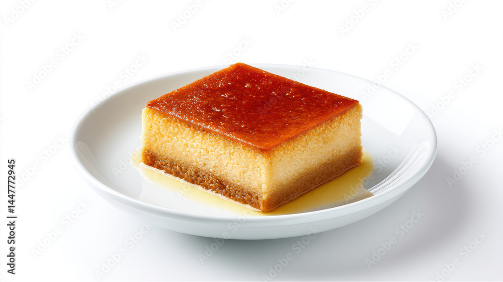 Creamy dessert slice with caramel topping, served on white plate, evoking sense of indulgence and sweetness Creamy dessert slice with caramel topping, served on white plate, evoking sense of indulgence and sweetness