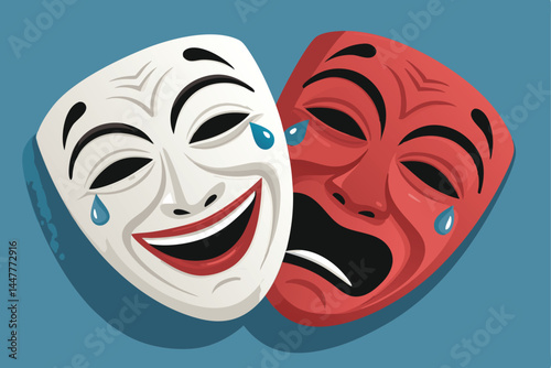 Create a close-up vector illustration of two theatrical masks, comedy and tragedy, in a modern, minimalist style with bold lines and flat colors.