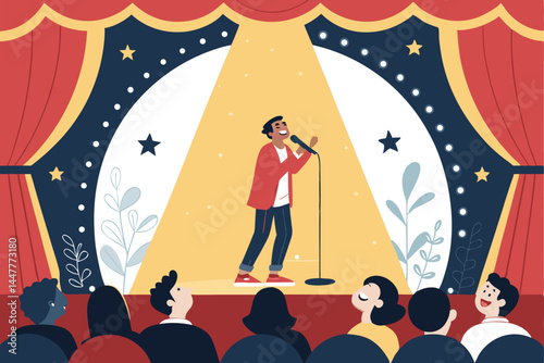 A brightly lit comedy theater stage; a comedian performs to a roaring, laughing audience under a single spotlight.  Capture the energy and joy.