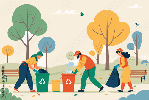 Volunteers actively participate in a community cleanup initiative, diligently picking up litter and debris from a park or public space.  Focus on teamwork and environmental responsibility.