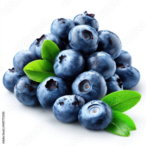 Pile of blueberries with leaves on white background