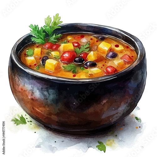 watercolor of Hot Pot With Bubbling Broth, vector, isolated on a white background.