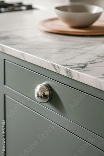 Minimalist elegance: Close-up of a shiny chrome drawer pull on a grey-green kitchen cabinet or vanity. This modern design detail highlights sophisticated simplicity and quality materials, ideal for il