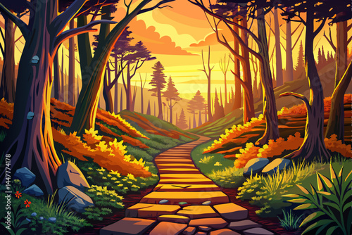Amazing path though an ancient woodland or forest outside Guildford, Surrey. UK, sunset time vector