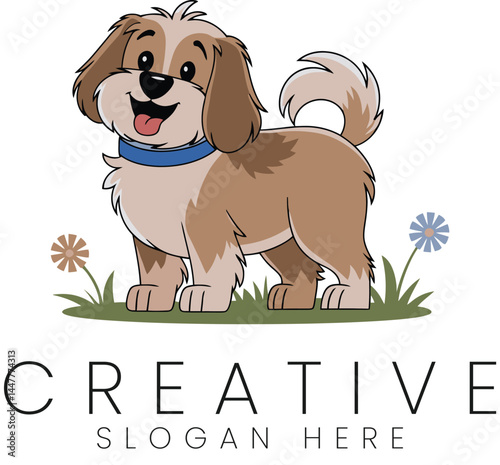 Adorable Happy Puppy Dog Cartoon Illustration Pet Graphic Design kid fun joy cute logo dogs blue    