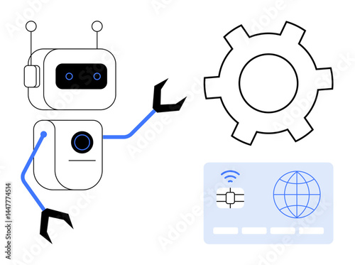 Robot with claw hands beside a gear and digital card with globe icon, representing AI, automation, fintech, technology, robotics, machine learning, innovation. Ideal for automation systems fintech