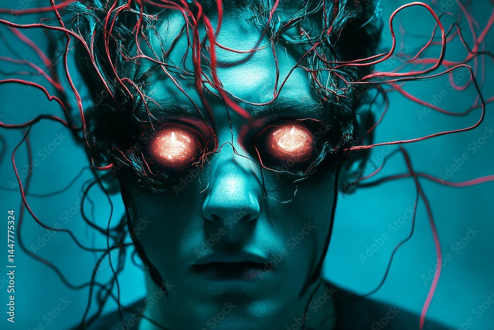 Hallucination - due to intoxication: abstract image of mental state. Psychological illusion. Cognitive issue. Metaphorical intoxication physical senses, of a mental illusion. Illness symptoms.