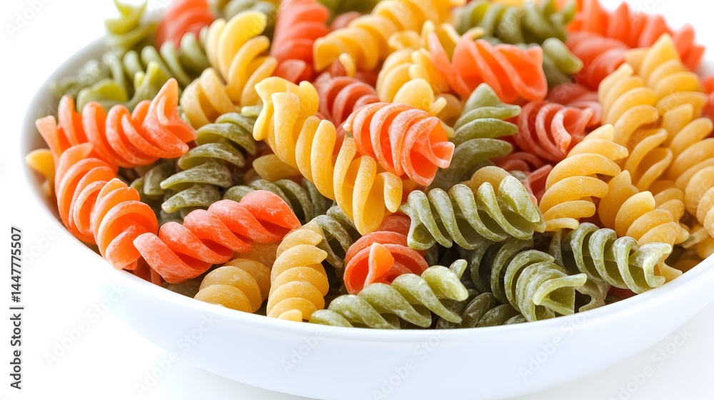A close-up shot of a bowl of colorful rotini pasta, showcasing its vibrant hues and spiral shape, ready to be cooked. A close-up shot of a bowl of colorful rotini pasta, showcasing its vibrant hues and spiral shape, ready to be cooked.