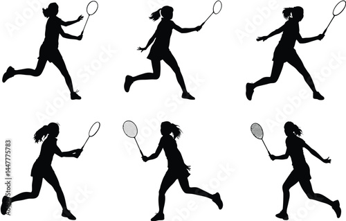 Set of female badminton player silhouette isolated on white background