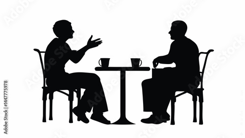 "Vector-style silhouette of casual conversation, two figures seated across from each other, coffee cups present, informal environment, white background, minimalist and clean design, side profile view,