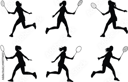 Set of female badminton player silhouette isolated on white background