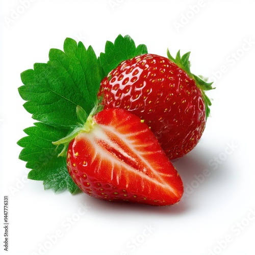 Fresh strawberries with leaves on white background