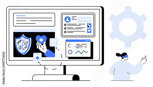Data-driven healthcare screen on monitor featuring health records, charts, and icons. Person gesturing. Ideal for technology, healthcare, innovation, productivity, analysis digital systems flat