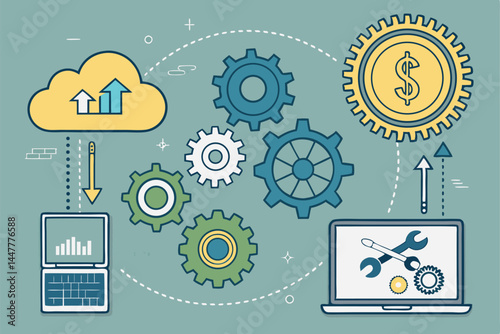 Illustrate digital finance tools gears meshing, cloud sync icon, representing secure, automated financial management in Abu Dhabi.