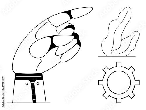 Stylized hand pointing forward, abstract leaf suggesting growth, gear representing technology. Ideal for guidance, innovation, environment, progress, teamwork, decision-making simple landing page