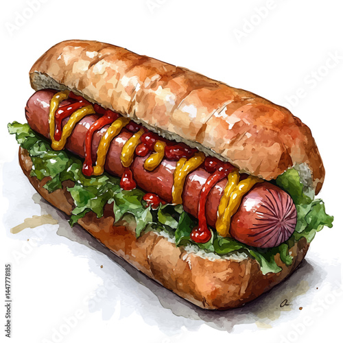 watercolor of Hot Dog With Ketchup And Mustard Swirl, vector, isolated on a white background.
