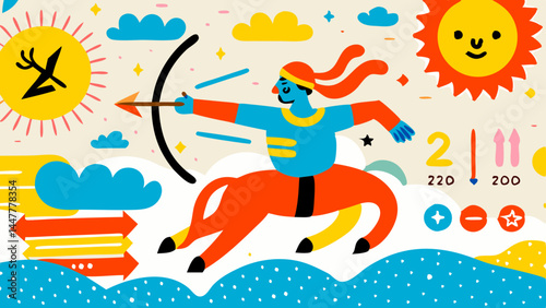 Colorful illustration of Sagittarius sign with playful imagery  