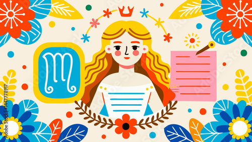 Zodiac sign Virgo illustrated with flowers and vibrant colors  