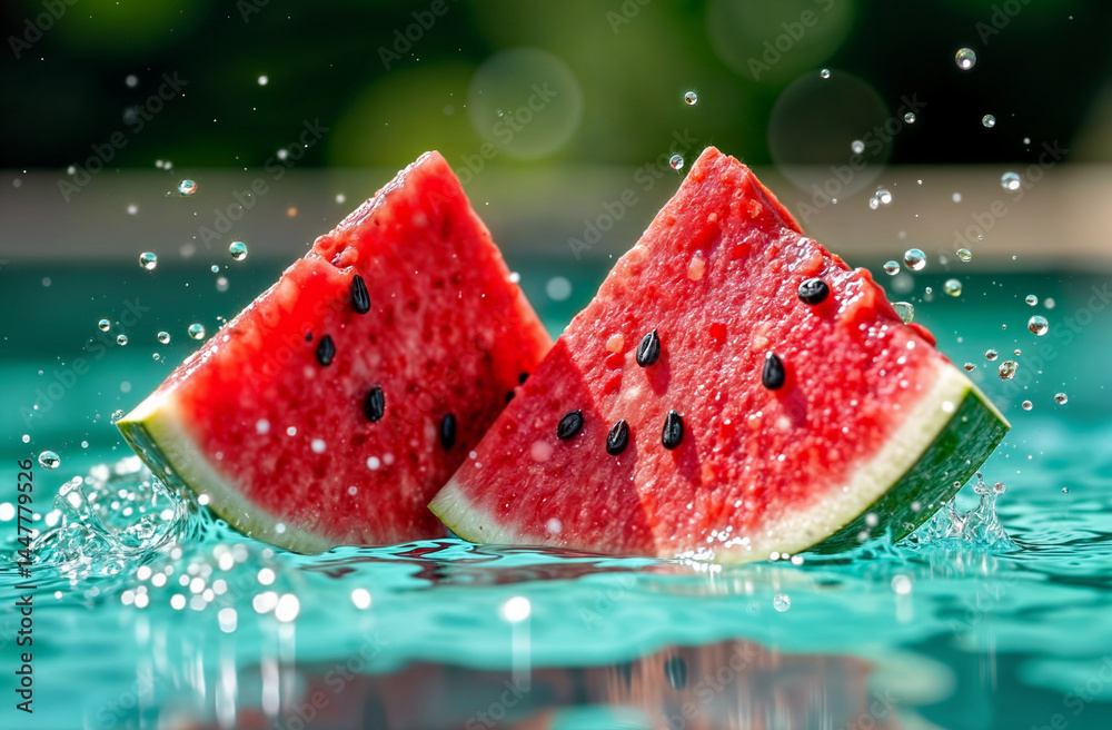 Floating Watermelon Slices. Two watermelon slices floating with water droplets, creating a refreshing summer splash effect. Vibrant fruit photography for beverages and ads