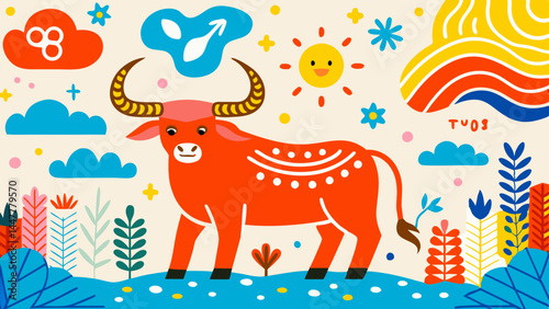 Colorful Taurus Zodiac Illustration Featuring Whimsical Design  