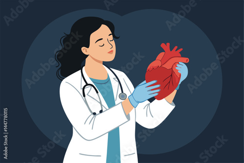 Create a flat vector illustration of a female cardiologist, confidently smiling, holding an anatomical heart model.  She should be depicted in a professional medical setting.