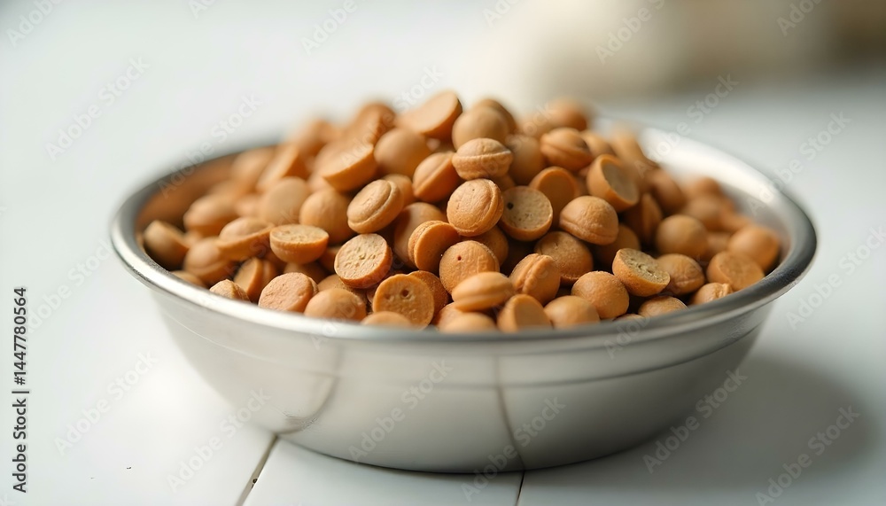Dry cat food in a bowl, isolated on white background Dry cat food in a bowl, isolated on white background