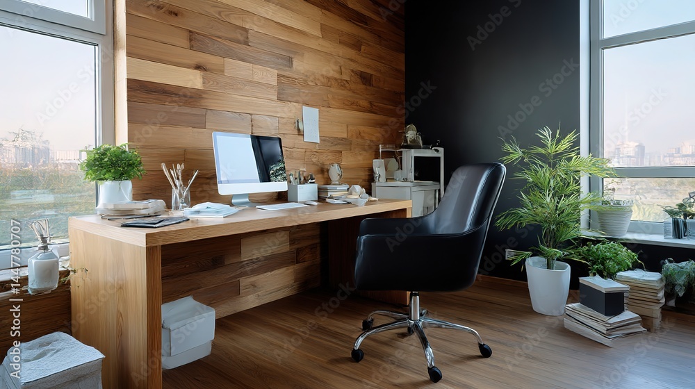 Fototapeta premium Minimalist home office with wooden wall and natural light, embodying modern simplicity and productivity. 