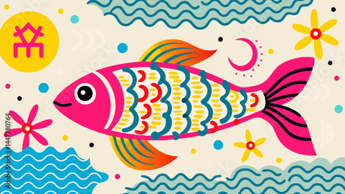 Colorful fish illustration with zodiac symbol and flowers  