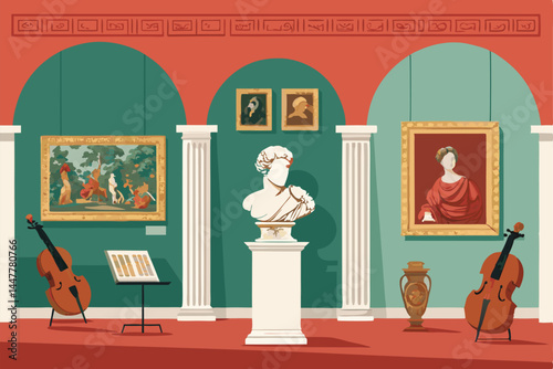 Create a flat vector illustration of a spacious exhibition hall showcasing antique Roman artifacts, including columns, sculptures, and pottery.  Focus on clean lines and a muted color palette.