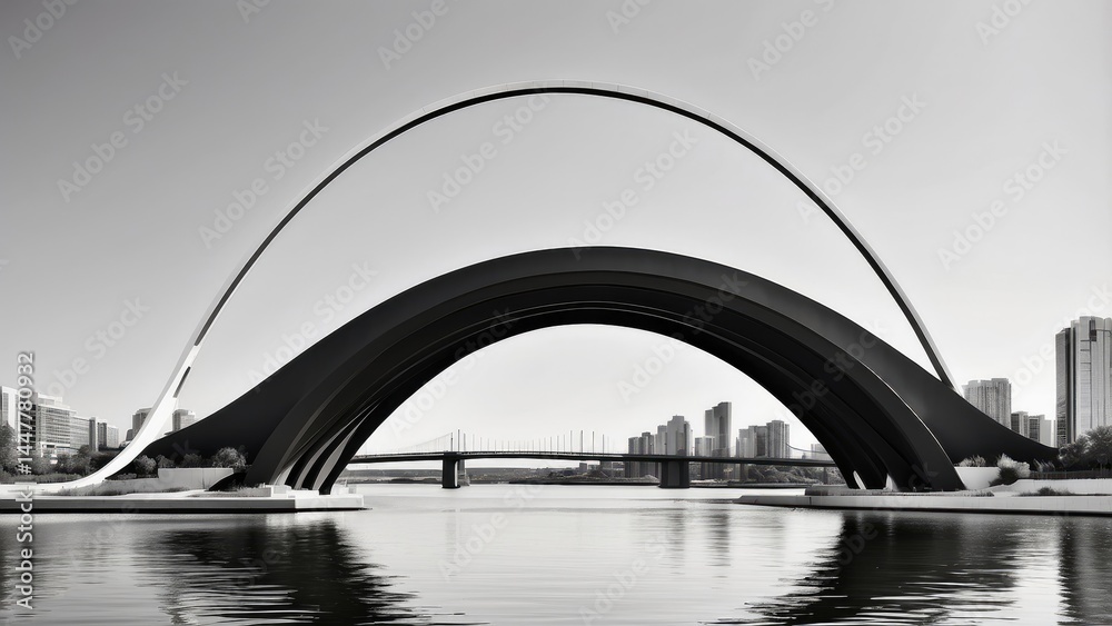 Obraz premium An illuminated pedestrian bridge with a wavy design stretches into the distance under a twilight sky.