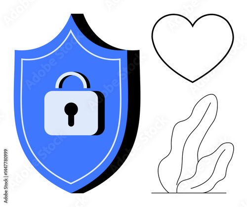 Blue shield with lock represents security, next to a heart outline and simple leaf shapes. Ideal for privacy protection, cybersecurity, data safety, insurance, online trust, love and care, simple
