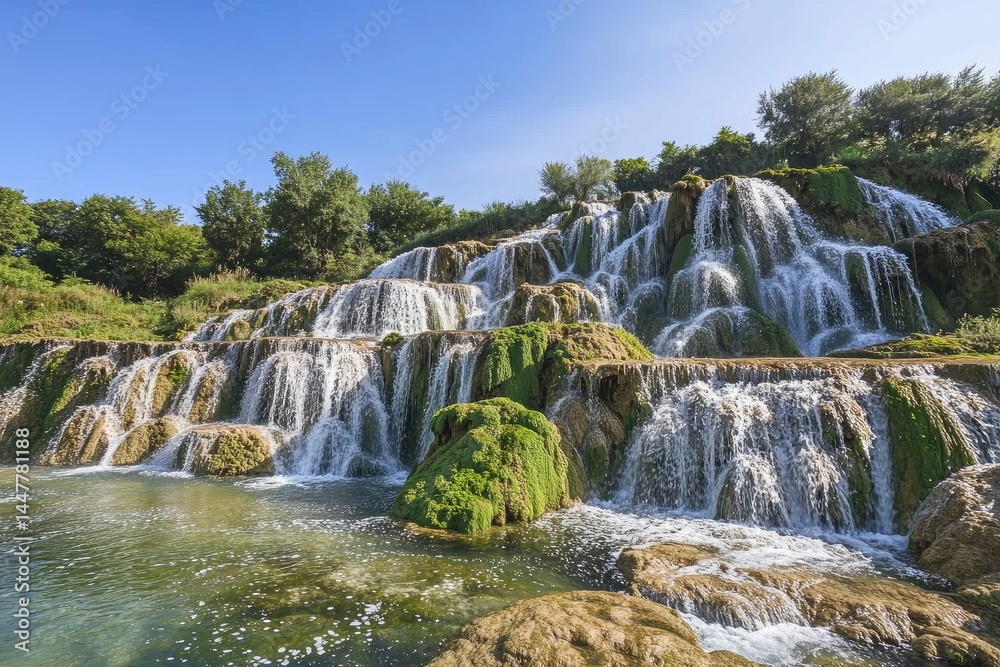 Obraz premium Beautiful Waterfall with Green Moss and Trees Under Blue Sky