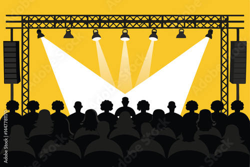 Silhouetted audience captivated by a brightly lit stage, showcasing the energy of a live performance.  Focus on the contrast between dark figures and vibrant stage light.