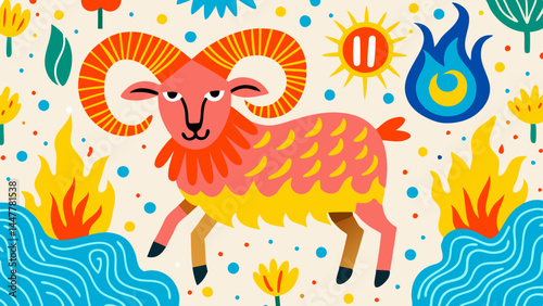 Colorful Zodiac Sign of Aries Illustrated with Fun Elements  