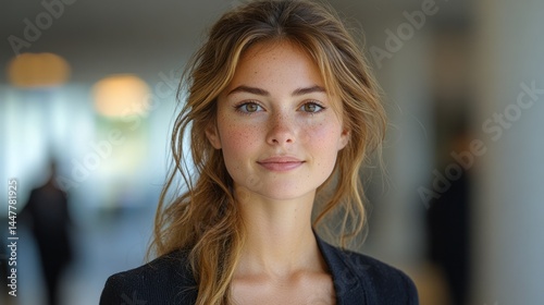 Portrait of a young woman with long wavy hair indoors smiling gently.