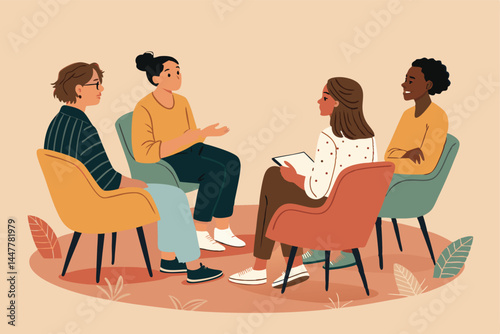 Create a vector illustration depicting a serene group therapy session, showcasing calm individuals in a supportive circle.  Focus on peaceful expressions and a calming color palette.