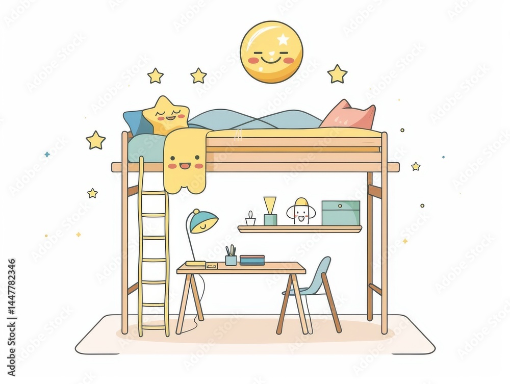 Fototapeta premium Simple bunk bed illustration with desk area, stars, smiling moon mobile, clean white background and noise details.
