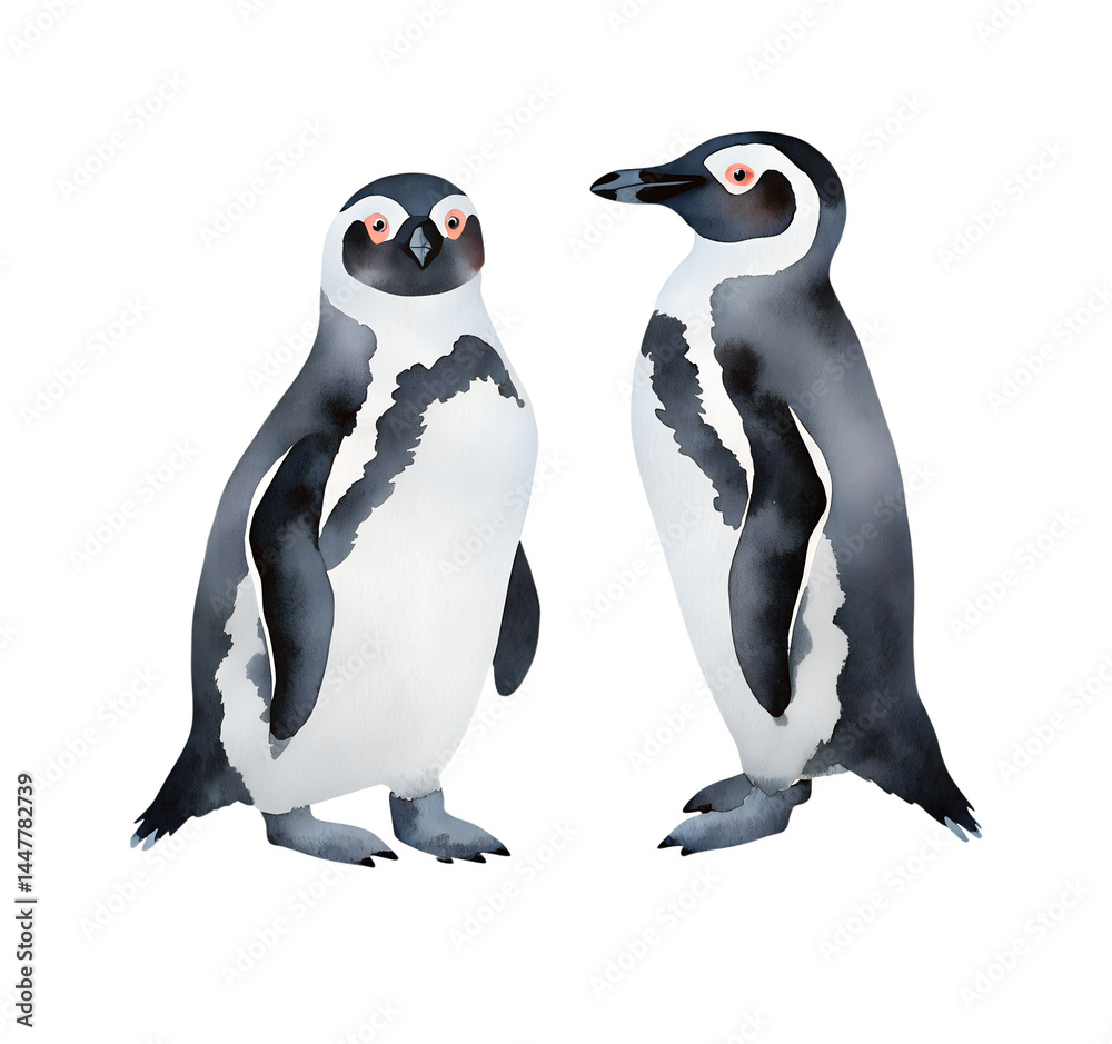 Fototapeta premium Watercolor illustration of two african penguins on transparent background.