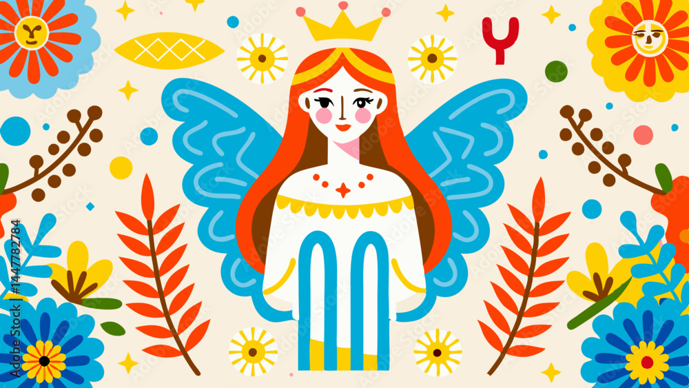 Fototapeta premium Zodiac Sign Illustration of a Colorful Angel Among Flowers 