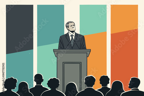 Urgent business meeting illustration of stressed corporate CEO intensely addressing a boardroom, conveying high stakes.